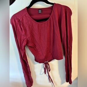 SHEIN Burgundy Long Sleeve Tie Crop Top